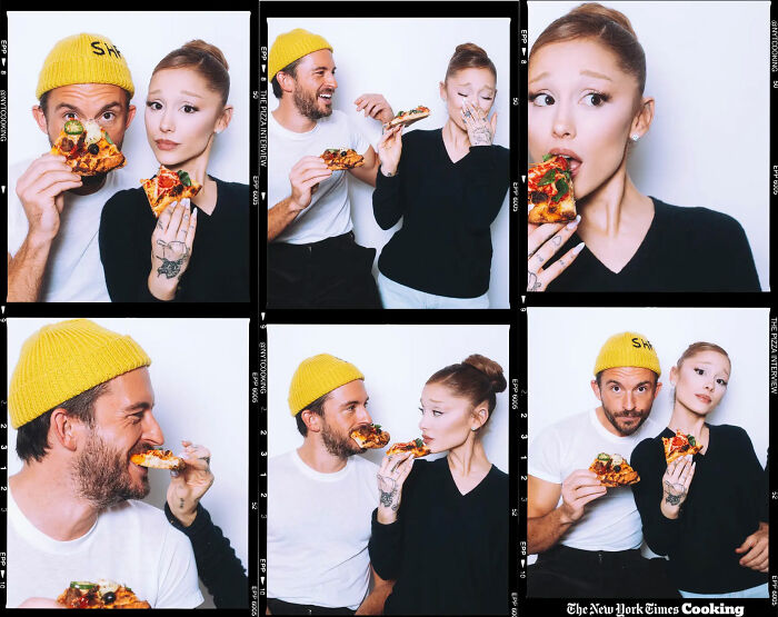 Ariana Grande and Jonathan Bailey sharing pizza in playful photo booth shots during home wrecking roast interaction.