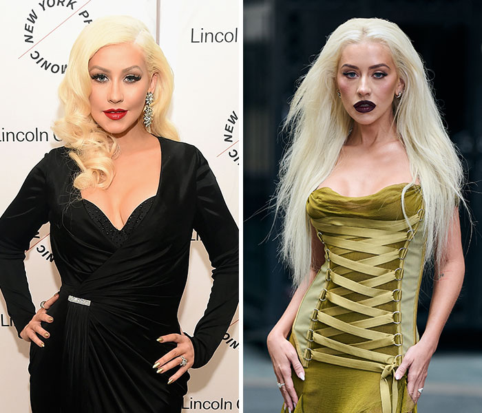 Side-by-side images of a celebrity showcasing dramatic celebrity transformations with platinum blonde hair and bold makeup in 2025.