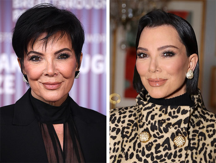 Two women with short dark hair and makeup, one in black and the other in leopard print, posing at events. Two women with short dark hair and makeup, one in black and the other in leopard print, posing at events.