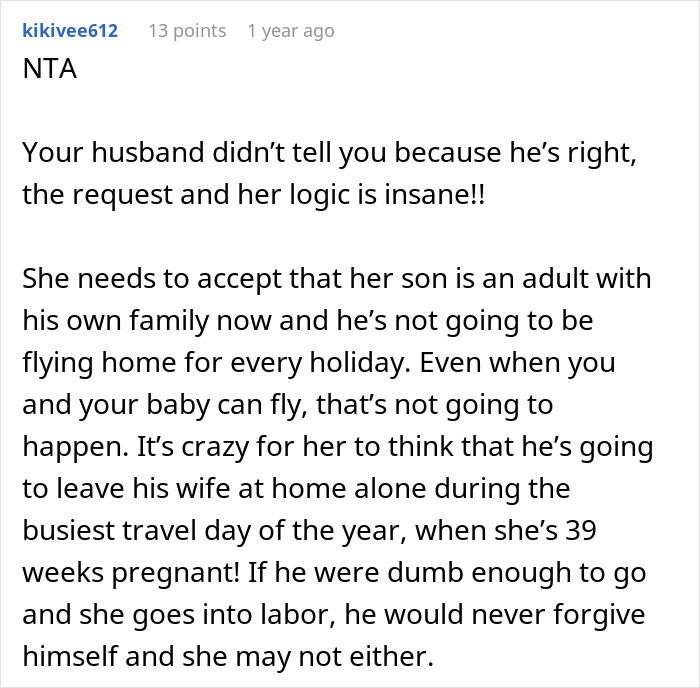 Comment discussing a mother-in-law struggling to accept her son choosing his wife and baby over her.