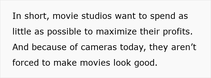 Text explaining how movie studios minimize spending and modern cameras reduce the need for movies to look good, linking to millennial gray movies.