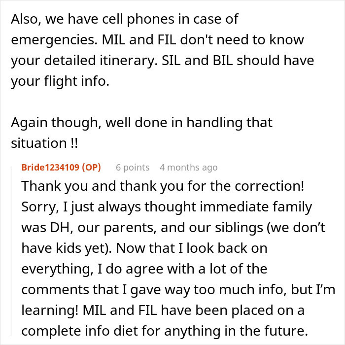 Screenshot of a text conversation discussing MIL coming on vacation and how she was outplayed by the couple.