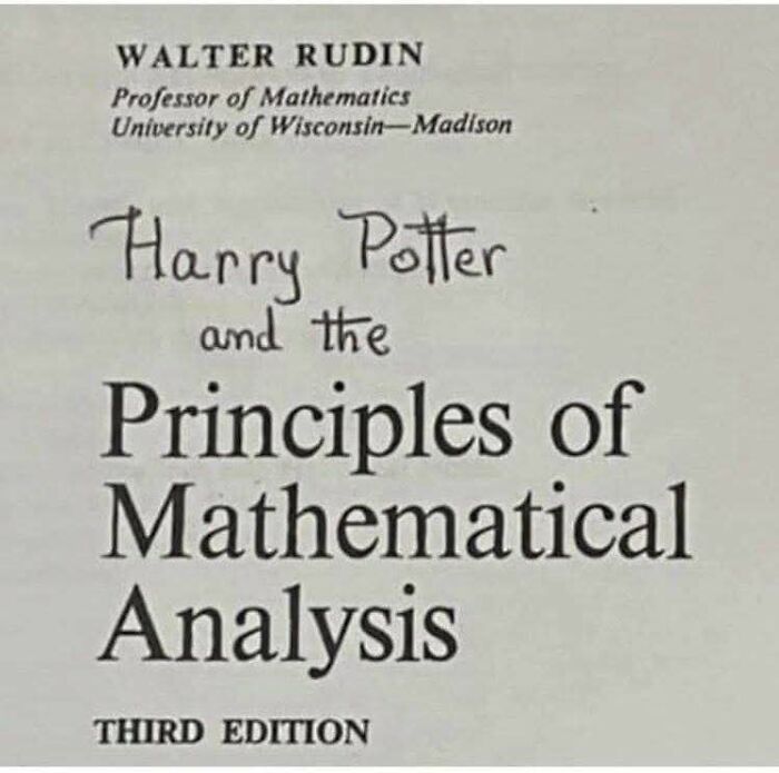 Cover of a mathematical analysis book humorously altered to include Harry Potter, featured in hilarious educational memes.