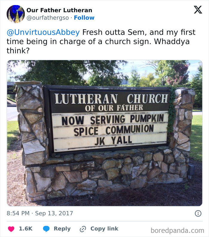 Church sign at Lutheran Church with a humorous message about pumpkin spice communion and playful joke.