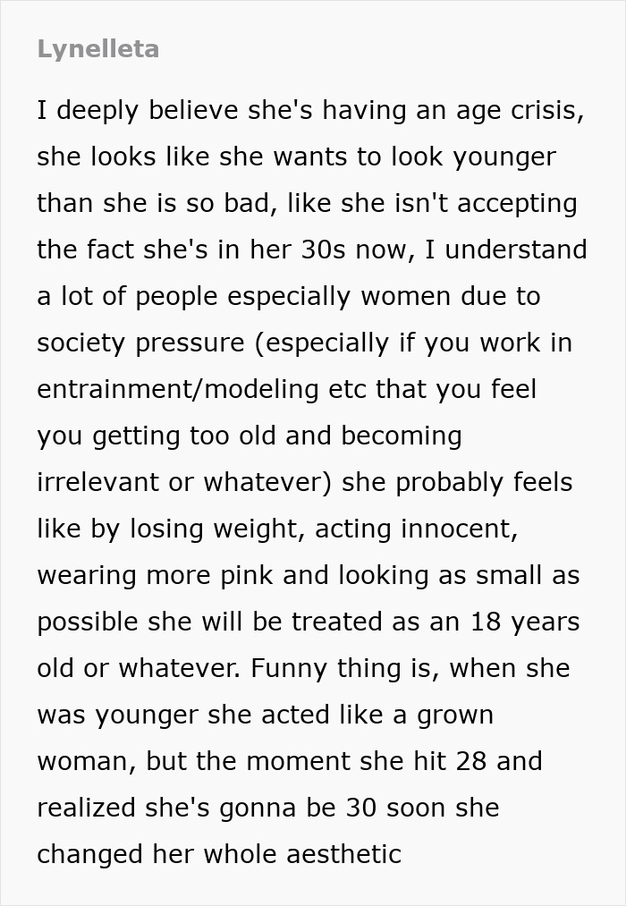 Commenter discusses emotional age regression in Ariana Grande's recent photo, noting signs of wanting to look younger.