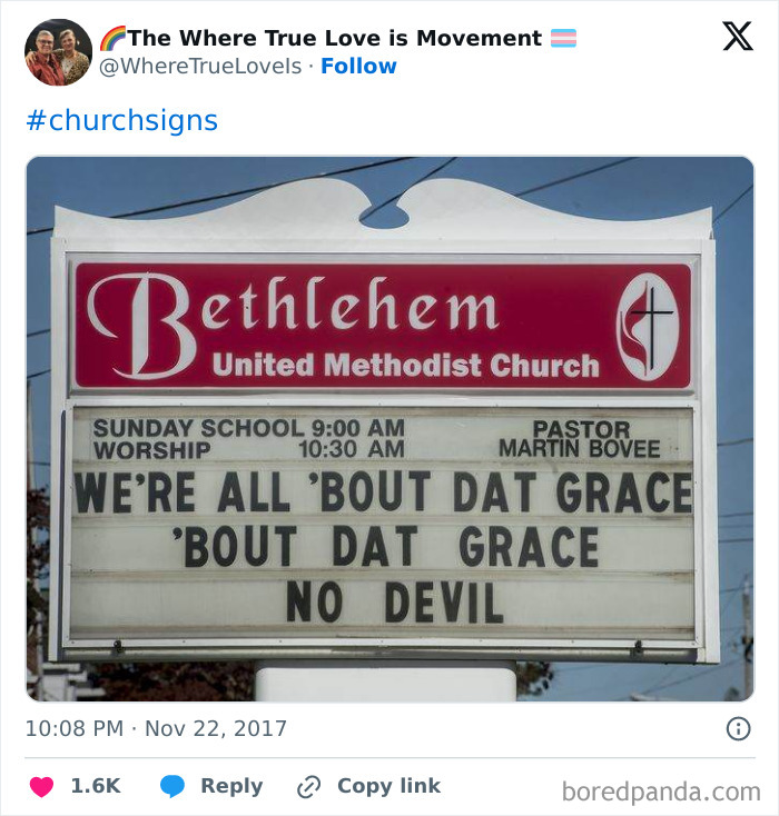 Bethlehem United Methodist Church sign with a funny joke about grace, featured among popular church signs with jokes.