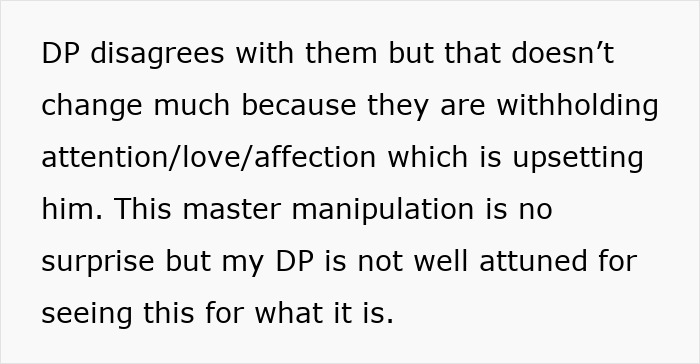 Text excerpt discussing father-in-law treating daughter-in-law poorly and husband's upset reaction to being banned from home.
