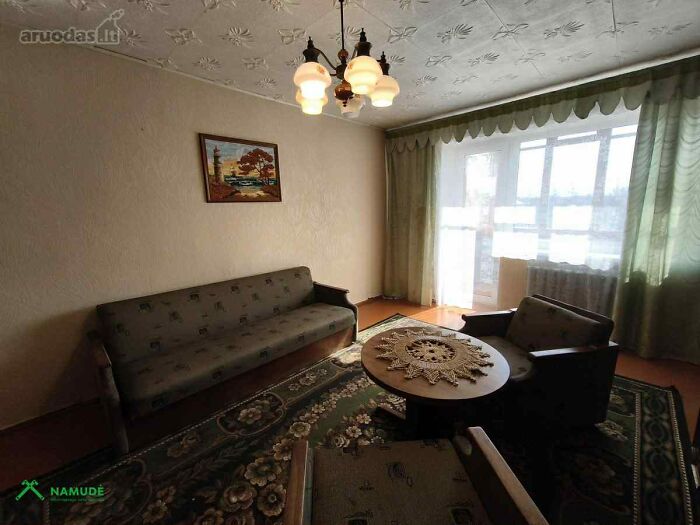 Cozy living room with vintage furniture and a patterned rug in a wild real estate listing photo.