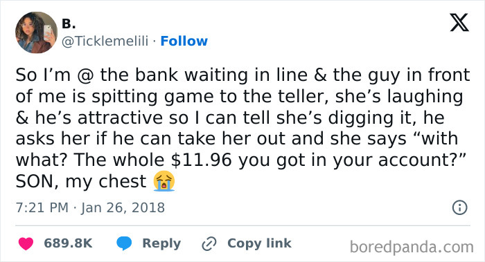 Tweet about a failed attempt at flirting in a bank with a teller, highlighting a humorous there was an attempt fail moment.