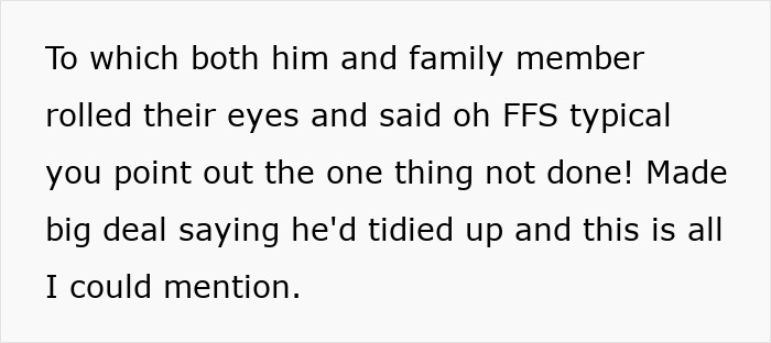 Text excerpt showing family frustration as wife prepares feast and fun, while husband reacts moody after only opening oven door.