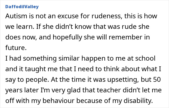 Comment discussing autistic teen punished by teacher for not understanding sarcasm, highlighting learning process and disability. Comment discussing autistic teen punished by teacher for not understanding sarcasm, highlighting learning process and disability.