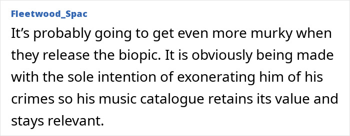 Text screenshot showing a comment discussing disturbing new allegations against Michael Jackson amid the release of a biopic trailer.