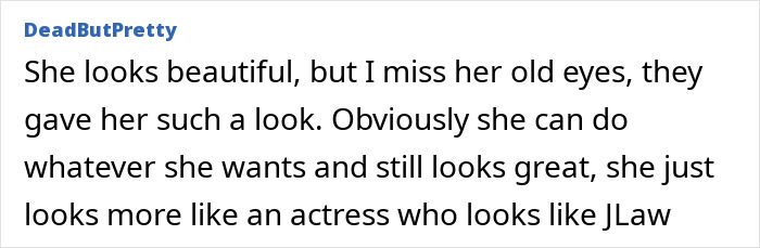 Text comment about Jennifer Lawrence's appearance and comparison to her old look amid plastic surgery rumors.