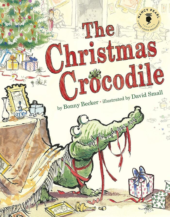 Illustrated Christmas crocodile tangled in holiday ribbons near decorated tree, gifts, and festive living room setting.