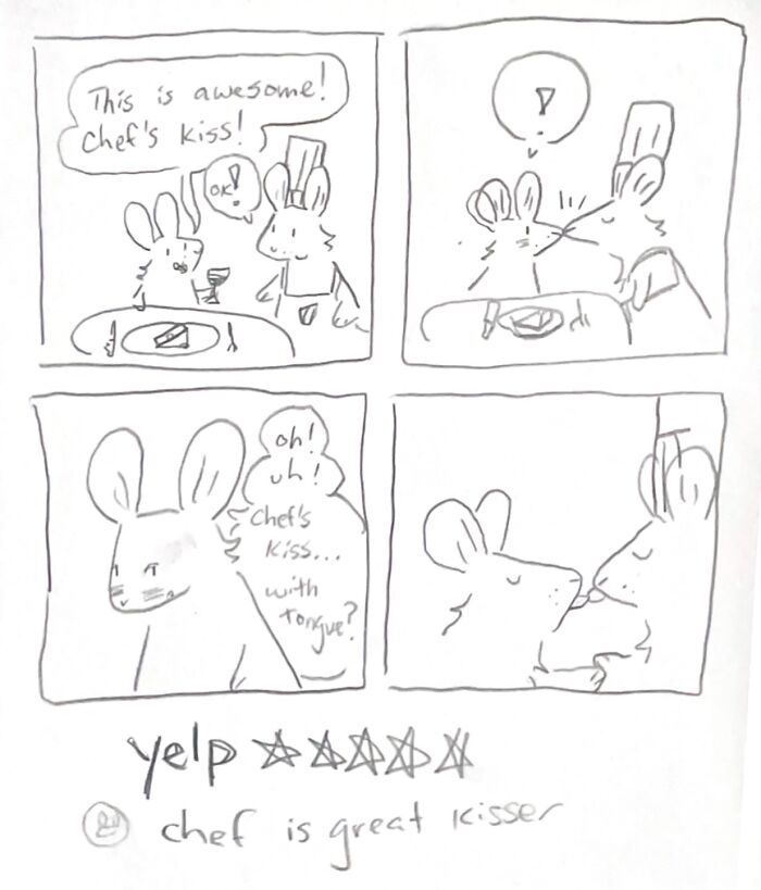 Hand-drawn funny and honest comic about life’s little moments showing two mice chefs sharing a chef’s kiss and a kiss.