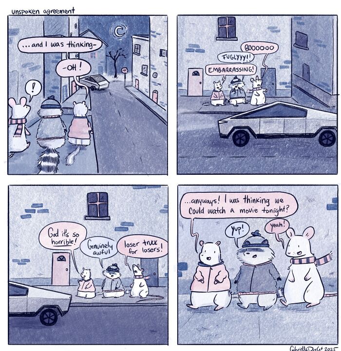 Funny and honest comic strip by Gabrielle Drolet showing animals discussing a car and making plans to watch a movie.