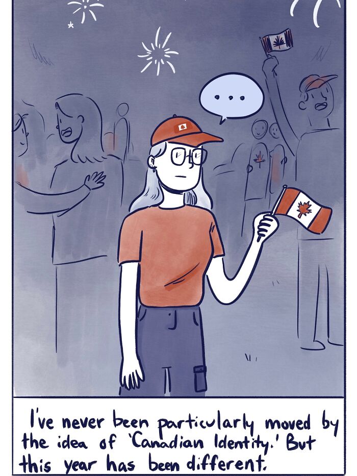 Woman holding a Canadian flag with fireworks in the background in a funny and honest comic about life’s little moments.