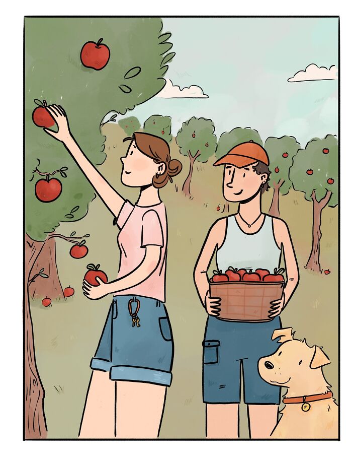 Two people and a dog picking apples in an orchard, a funny and honest comic about life’s little moments.