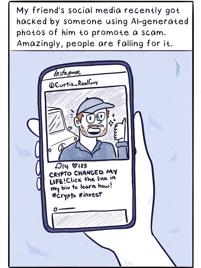 Comic showing social media scam with AI-generated photos, highlighting funny and honest comics about life’s moments by Gabrielle Drolet.