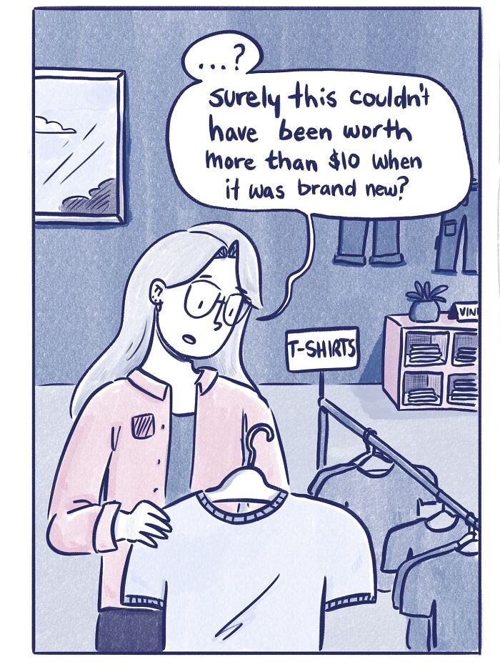 Woman holding a t-shirt, questioning its value, in a funny and honest comic about life’s little moments.