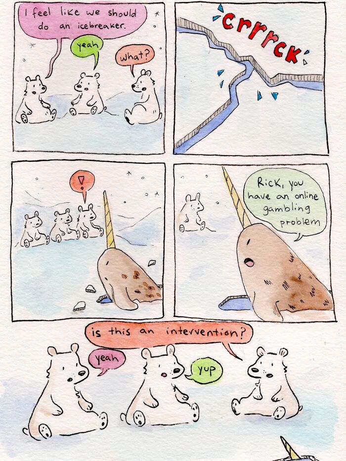 Funny and honest comic showing animals discussing an icebreaker and an online gambling problem intervention.