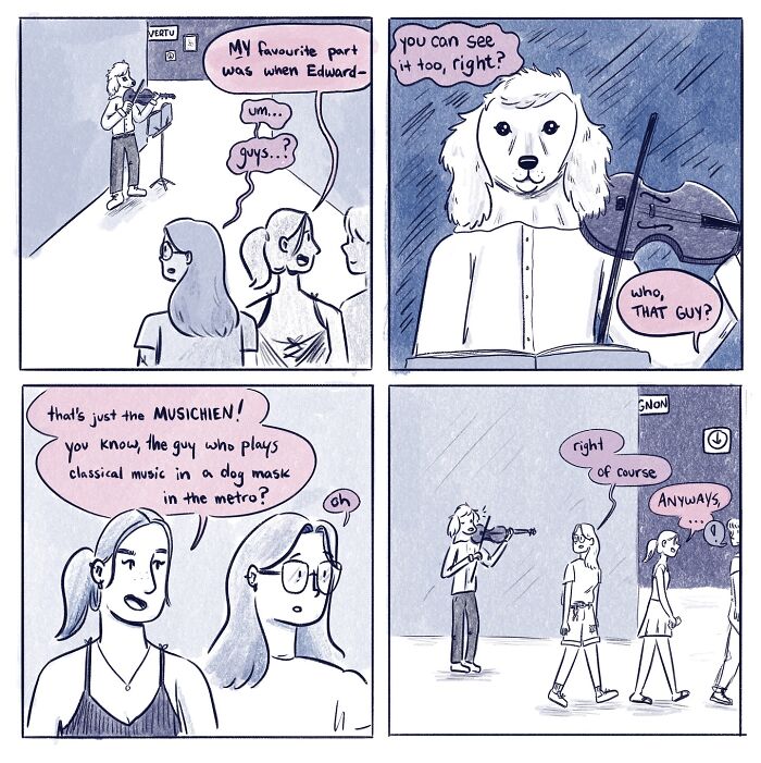 Comic panels showing characters humorously discussing a classical musician playing violin in a dog mask in the metro.