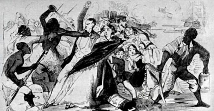 Black and white illustration of a chaotic historical scene depicting people fiercely fighting and defending themselves.
