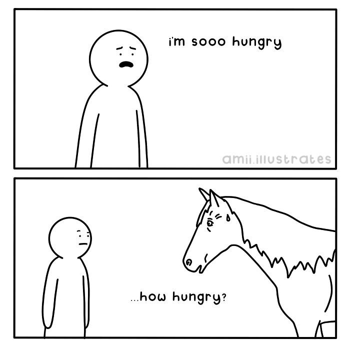 Simple black and white animal comic showing a person and horse humorously discussing hunger levels.