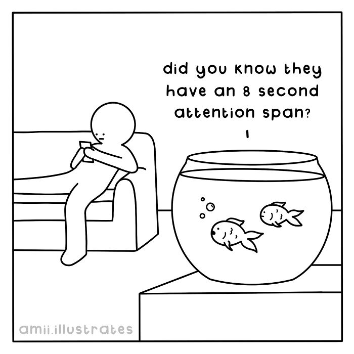 Comic panel showing a person on a couch and two goldfish in a bowl with a caption about their attention span, animal comics theme.