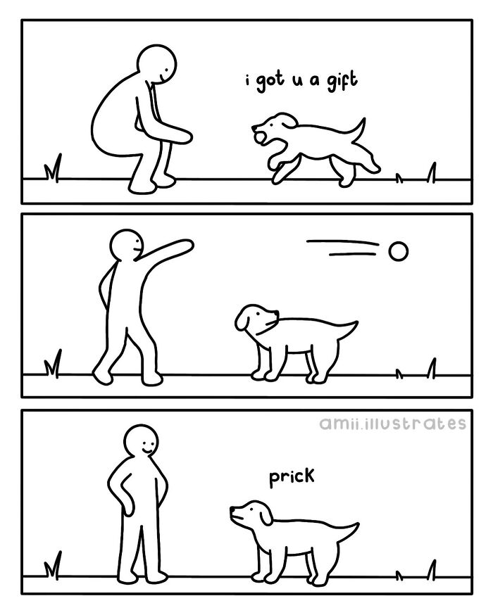 Simple black and white animal comic showing a dog playing fetch and calling its owner a funny name in three panels.