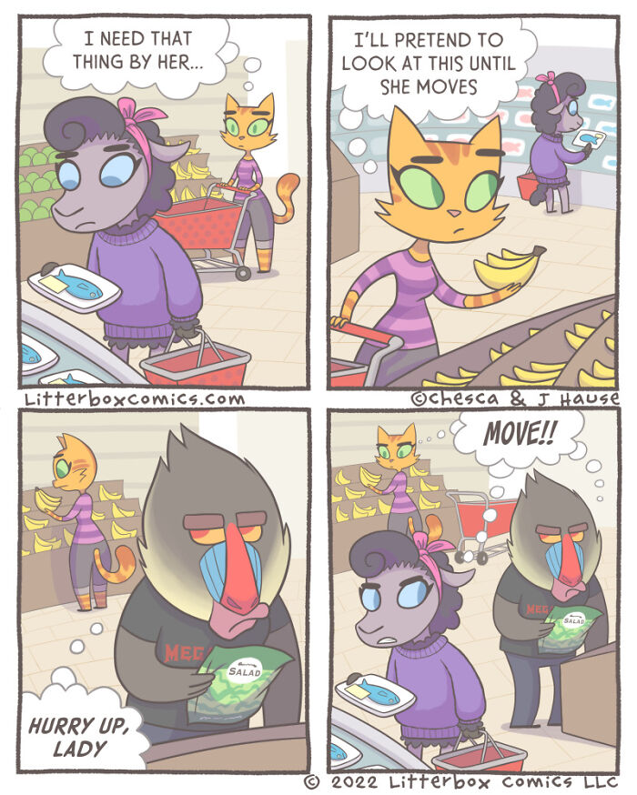 Animal comics showing a cat and other animals humorously shopping for groceries with playful interaction in a supermarket.