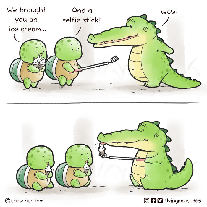 Cute animal comics featuring turtles with ice cream and an alligator using a selfie stick in a funny scene.