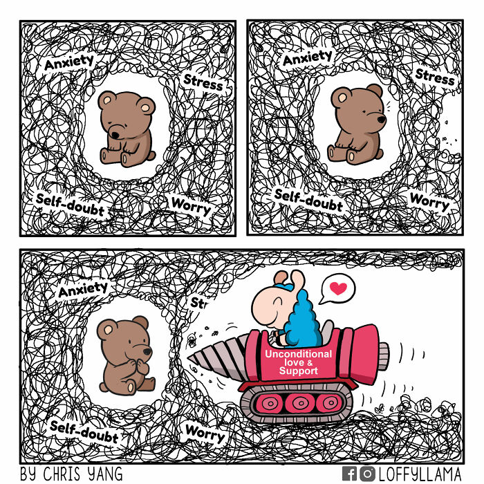 Cute animal comic with a bear surrounded by anxiety and stress, rescued by unconditional love and support from a friendly character.