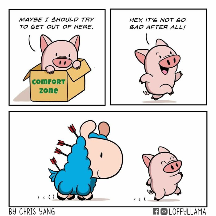 Funny animal comic showing a pig leaving its comfort zone and happily running past a blue llama hit by arrows.