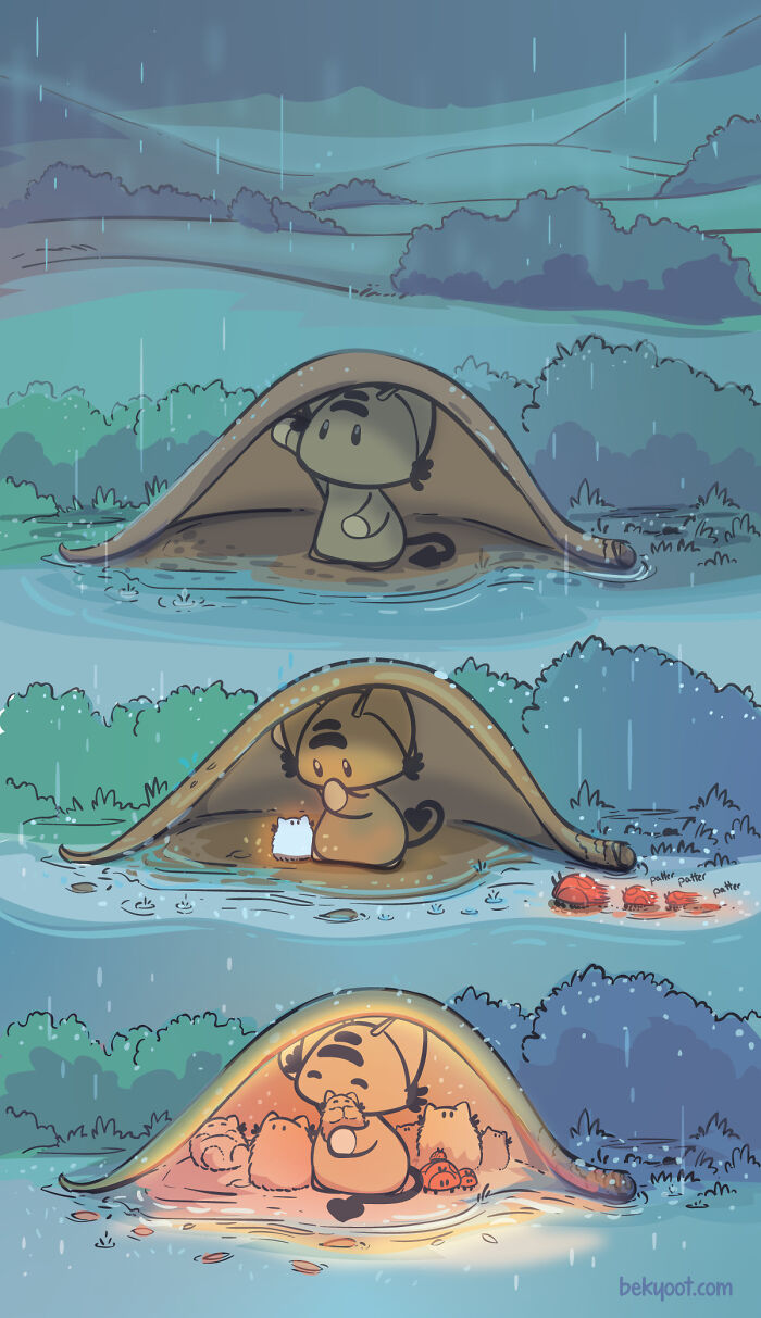 Cute animal comic showing a character sheltering and warming up with animal friends under a blanket in the rain.