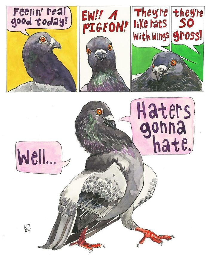 Comic strip of a confident pigeon responding to insults with humor in funny animal comics shared by the community.