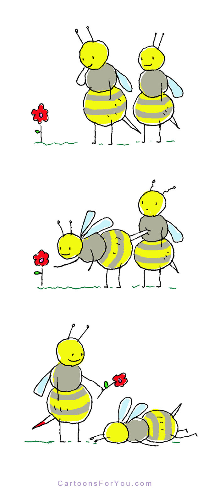 Two bees interact with a flower in a funny animal comic strip illustration.
