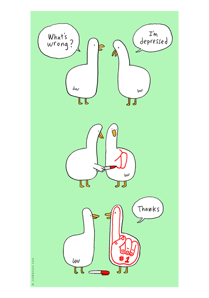Two simple animal comics featuring talking birds with playful humor about feeling depressed and cheering up.