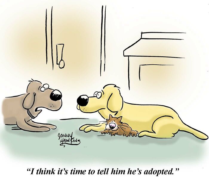 Two dogs and a cat in a funny animal comic, with one dog saying it’s time to tell him he’s adopted.