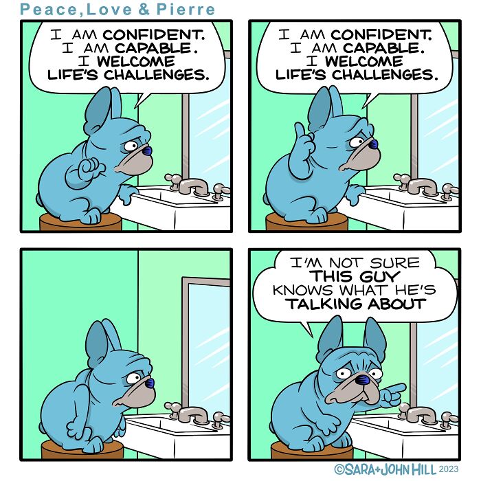 Funny animal comic showing a blue dog doubting its confidence while looking at itself in the mirror.