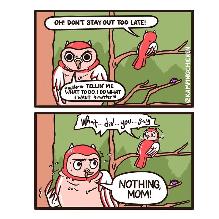 Comic panel of two owls on a tree branch with funny dialogue, showcasing humor in animal comics from the community.