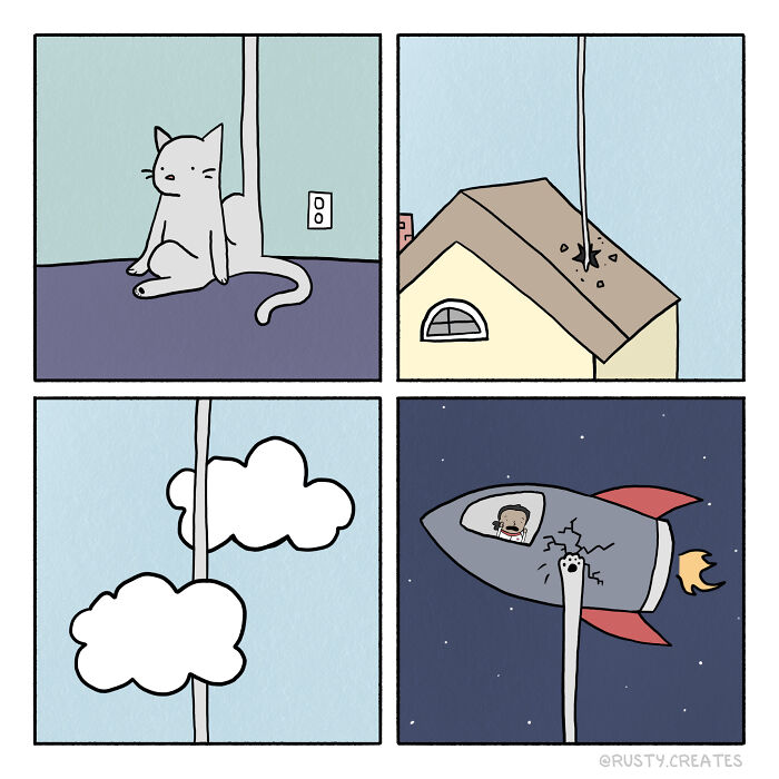 Cat being lifted by a giant paw through a roof, clouds, and into a spaceship in a funny animal comic style.