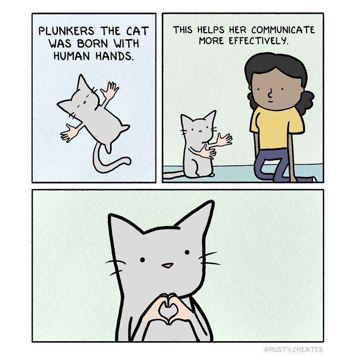 Comic showing a cat with human hands communicating with a person, illustrating one of the funniest animal comics shared by the community.