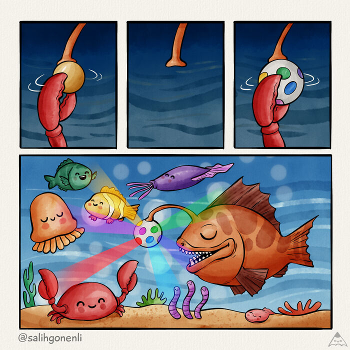 Colorful underwater animal comics featuring a crab, fish, and an anglerfish with a glowing disco ball lure.