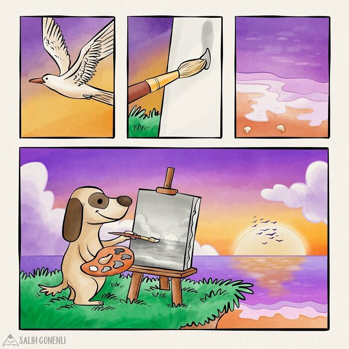 Dog painting a sunset comic panel with a bird, paintbrush, and beach background in a funny animal comics style.