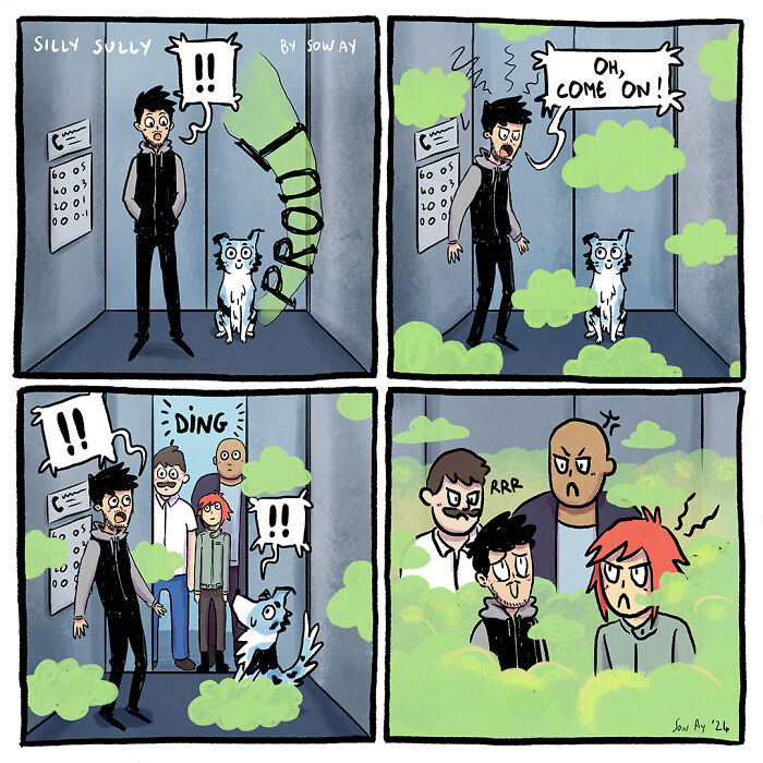 Comic panels showing a man and a dog trapped in a smelly elevator, causing funny reactions from people entering. Animal comics humor.