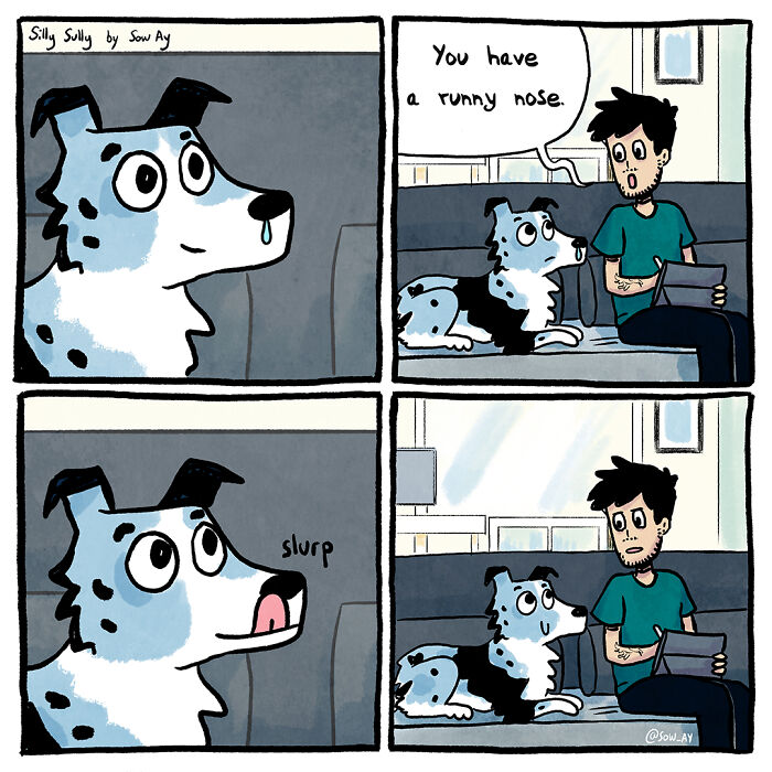 Comic showing a man and his dog with a funny runny nose moment in a humorous animal comic scene.