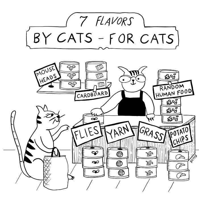 Black and white animal comic showing cats selling unusual flavors like flies and cardboard in jars.