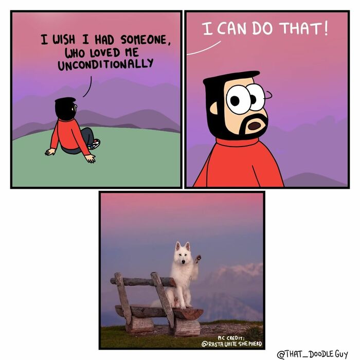 Cartoon man wishes for unconditional love with a playful dog waving, illustrating funniest animal comics humor.