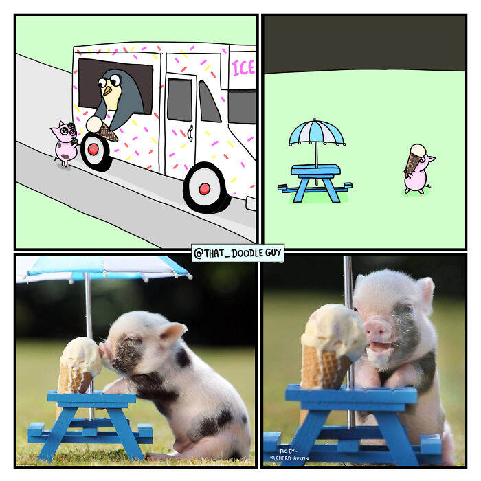 Funny animal comics featuring a pig enjoying ice cream with a miniature picnic table and umbrella outdoors.